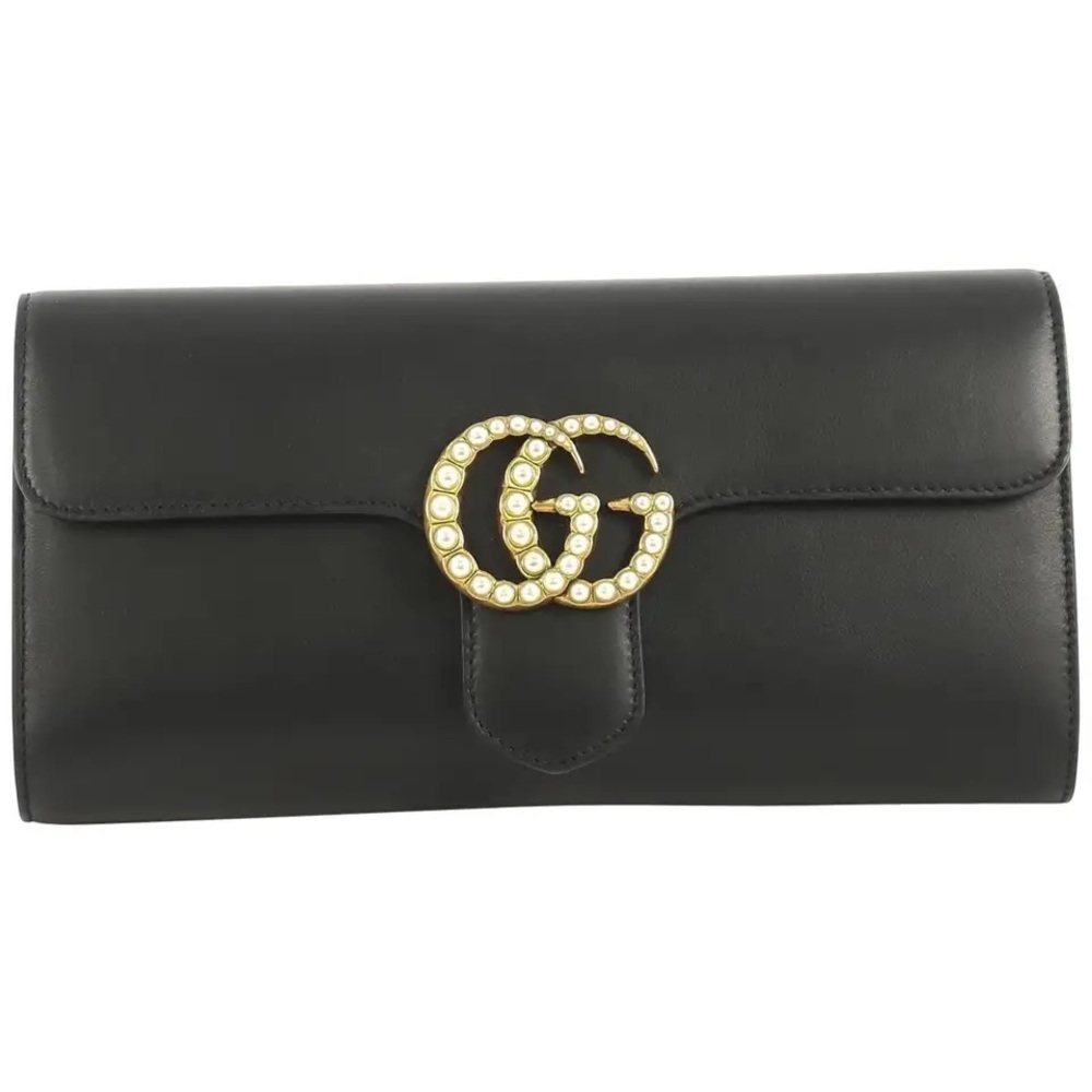 GUCCI Calfskin Pearly GG Marmont Clutch Black Leather